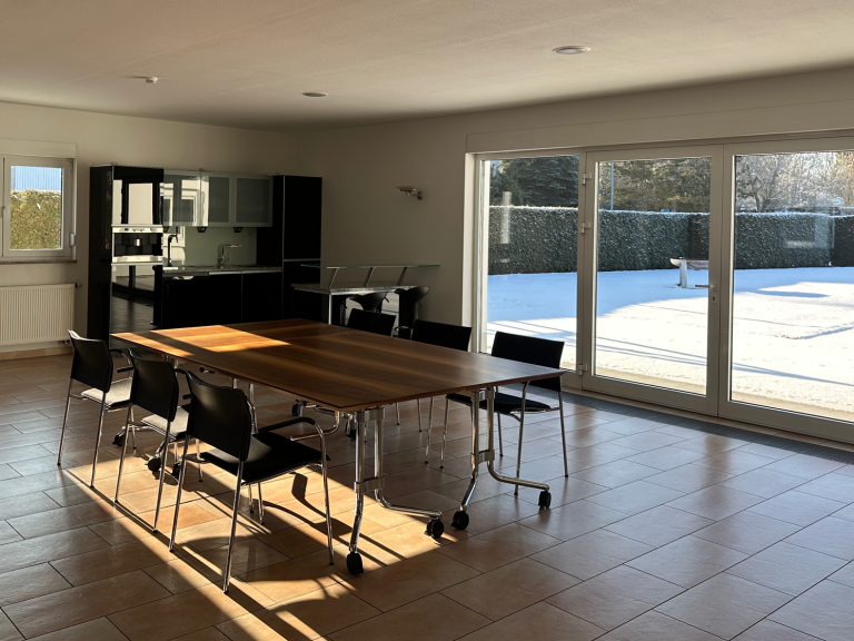 Heller, moderner Essbereich mit Holz-Tisch und Stühlen, Blick auf eine Terrasse.