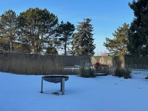 Schneebedeckter Garten mit einem Grill und schneebedeckten Bäumen im Hintergrund.