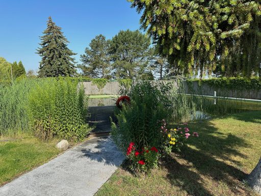 Ein Garten mit bunten Blumen, Sträuchern, einem Badeteich und einem klaren blauen Himmel.