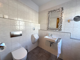 Modernes Badezimmer mit WC, Waschbecken, Spiegel und grauen Fliesen.