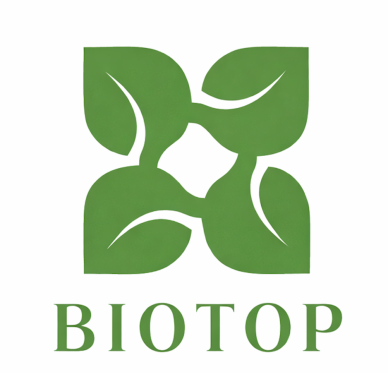 Grünes Logo mit vier Blättern und der Schrift "BIOTOP" darunter.